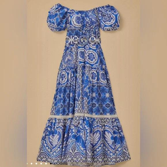 farm rio blue and white maxi dress Blue Romantic Richelieu Maxi Dress  FARM Rio